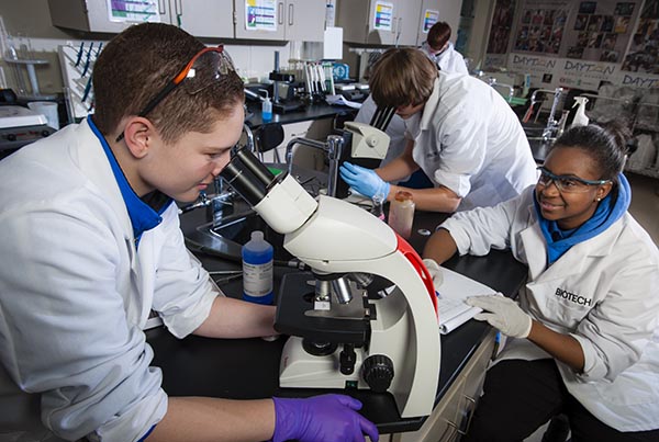 Students using microscopes